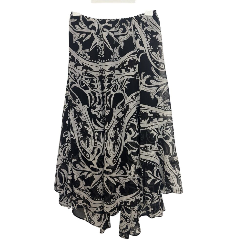 100% Silk Black White Paisley Print Midi Handkerchief Asymmetrical Skirt S